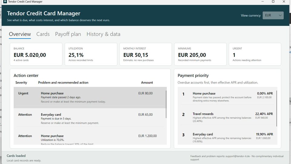 Tendor Credit Card Manager Screenshot