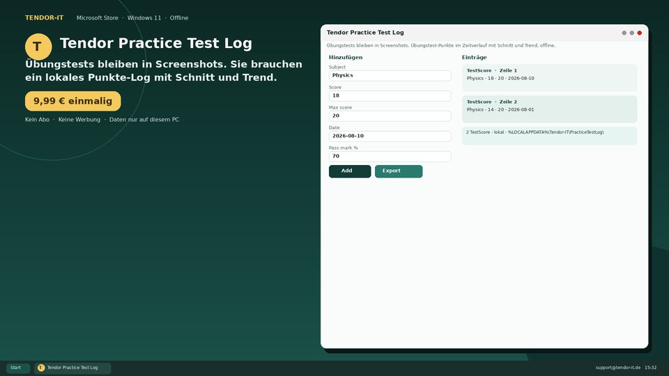 Tendor Practice Test Log Screenshot